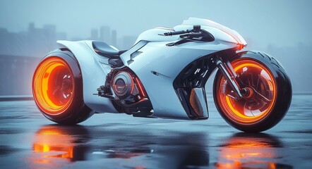 Futuristic White Motorcycle with Red Glowing Parts