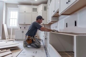 Professional installs new kitchen cabinets in a modern home renovation