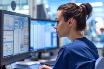 Registered nurse reviews patient charts on a computer monitor at nursing station