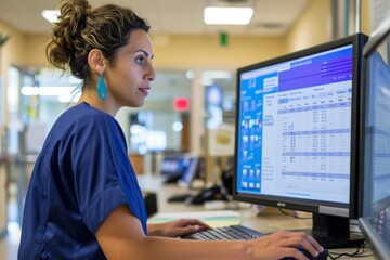 Registered nurse reviews patient charts on a computer monitor at nursing station