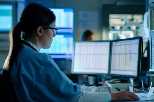 Registered nurse reviews patient charts on a computer monitor at nursing station