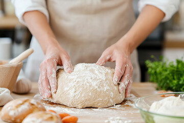 Fototapeta premium hands kneading bread dough with flour and water in a kitchen