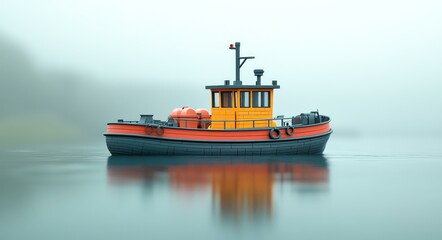 Fototapeta premium Tugboat on Misty River, Vibrant Colors