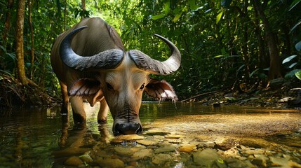 Fototapeta premium Water Buffalo Drinking in Tropical Stream