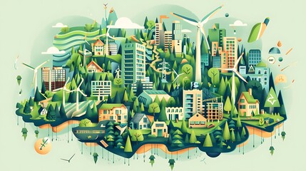 A stylized illustration depicting eco-friendly practices like wind turbines, solar panels, and green spaces, with conservation efforts visible through protected forests and sustainable architecture.