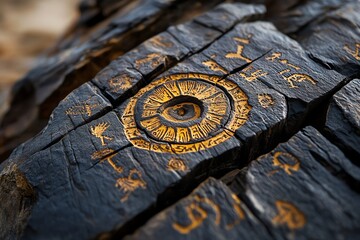 A weathered rock face with petroglyphs, ancient symbols and drawings etched into the stone by early civilizations