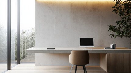 Modern office interior featuring a sleek desk, comfortable chair, and large windows allowing natural light.