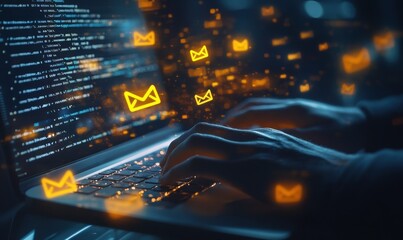 A businessman working on a laptop with an earth hologram and social media icons, representing the digital marketing concept and online business idea.