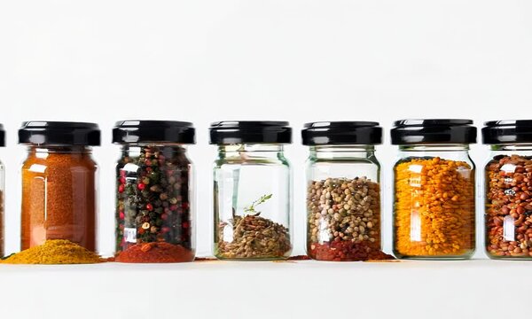 Set of gourmet spices in jars on white background, hyperrealistic Video