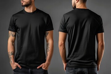 Modern black t-shirt mockup displaying front and back views on a male model in a photo studio, ideal for fashion branding.