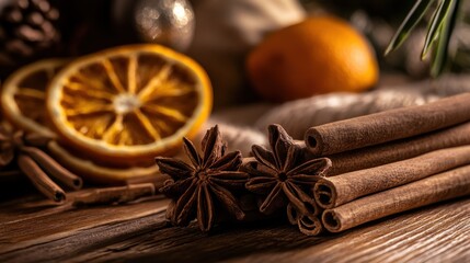 Fototapeta premium Cinnamon sticks, anise stars, and dried orange slices on wooden table, Christmas spices
