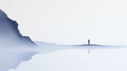 Fototapeta premium Solitary Figure by the Ocean, Chinese brush painting, Captures a tranquil moment of a man facing the vast sea, Emphasizes minimalism and harmony with nature.