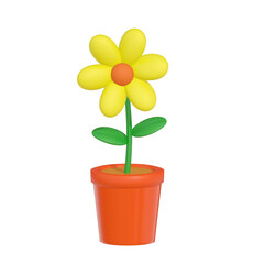 Yellow flower pot 3d on png transparent background.