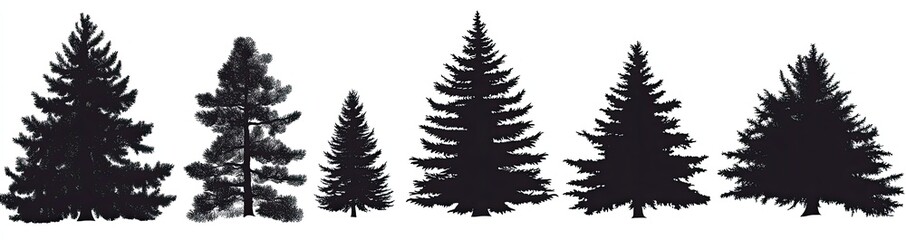 Obraz premium Silhouettes of various evergreen trees create a natural and tranquil forest scene, perfect for nature-themed projects.