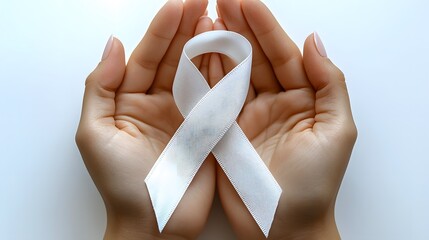3D animated image showing female hands holding a white ribbon against a white backdrop for mental health awareness.