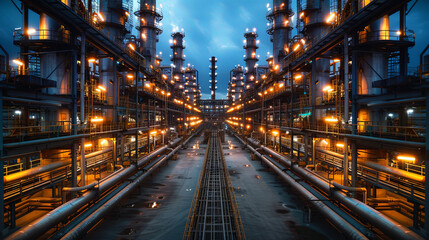 Industrial factory with complex piping networks of an oil refinery, smokestacks emitting steam