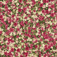 A vibrant floral pattern featuring pink and white flowers on a lush green background.