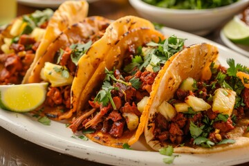 A plate of tacos al pastor with pineapple and cilantro