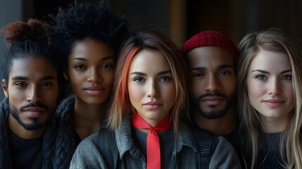 Red ribbon highlighted on a World AIDS Day banner, surrounded by diverse people, with a section for text.