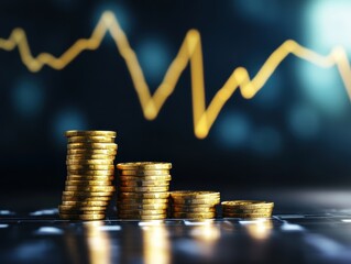 A stack of gold coins on a table with a graph in the background