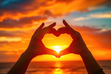 Heart-Shaped Silhouette of Hands Against Fiery Sunset Sky