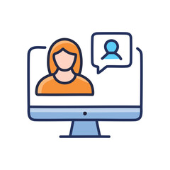 Online communication icon. Woman on a computer screen with a speech bubble, representing communication, conversation, and digital interaction.
