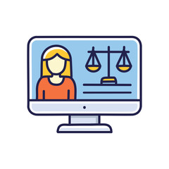 Online legal advice. Computer screen displaying a woman and scales of justice, representing online legal consultation.