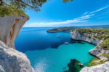 The towering limestone cliffs of the Calanques, with hikers enjoying the breathtaking views and the blue waters below