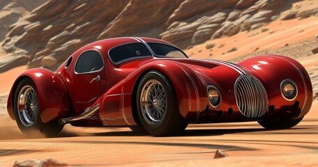 Classic Red Racing Car in Desert Environment