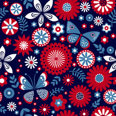 bright butterflies on a background of colored flowers. seamless pattern