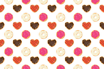 Donuts Sweet Seamless Pattern. Glazed Cookies Background. Doughnut Dessert Backdrop for Birthday, Sweetest Day, Bakery, Confectionary.