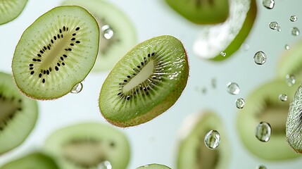 Layers of sliced kiwis hovering in the air, each piece separated and suspended over a pale background