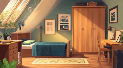 Obraz premium Cozy teen room, wooden wardrobe, comfy bed, desk.