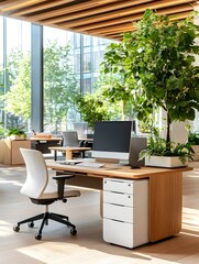 Modern Office Workspace with Green Plants and Natural Light.