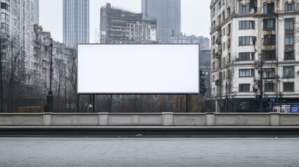 Obraz premium Blank white billboard in city center surrounded by modern buildings, urban advertising concept
