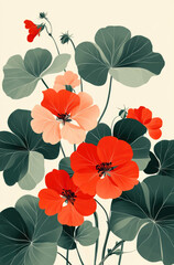 Detailed Clipart of Red Geraniums with Lush Green Leaves