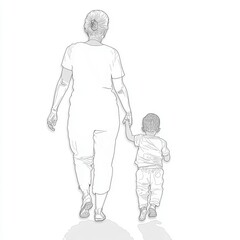 A mother and daughter walking together in a continuous line design. Trendy character minimalist design. One line illustration of mother and daughter together walking in a straight line.