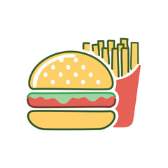 Cheeseburger and fries. Illustration of a hamburger with lettuce and a side of fries. Perfect for fast food, cafe and restaurant menus.