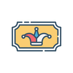 Jester ticket icon. Colorful icon representing a ticket with a jester hat, symbolizing fun, entertainment, and amusement.