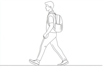 Fototapeta premium In this illustration, a schoolboy in a uniform is running and holding a book. A single continuous line is used throughout the illustration