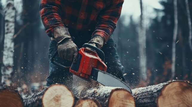 Anonymous logger fells trees with chainsaw