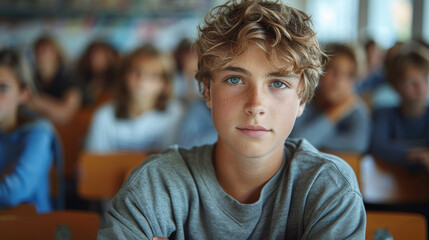 Fototapeta premium A student with freckles in class during a lecture against the backdrop of classmates. Background for design.