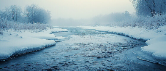 Obraz premium A river flowing in a frozen and snowy winter landscape