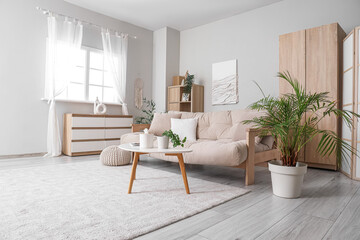 Interior of living room with sofa, table and closet