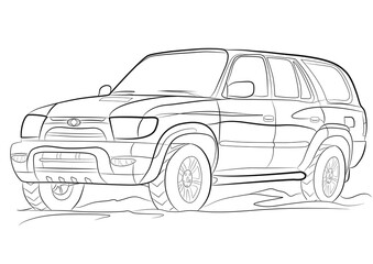Coloring page, one car,  coloring page for children or adults. Coloring page drawing. Black contour sketch illustrate Isolated on transparent background. High speed drive vehicle. Graphic element. 