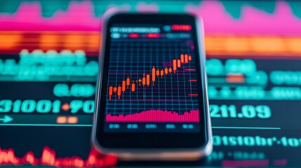 Obraz premium Smartphone displaying stock market data and candlestick chart