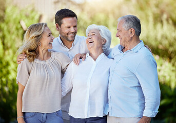 Happy, love and big family hug laughing in park for holiday, travel or weekend trip. Nature, smile...