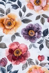 A vibrant floral pattern featuring various colorful flowers and leaves.