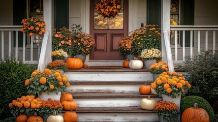Obraz premium Autumn porch with fall flowers and pumpkins, rustic farmhouse steps, country home decor