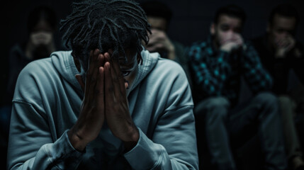 Fototapeta premium Sad young man covers his face with his hands during group therapy surrounded by people. Support, trust, understanding, feelings and communication during the session.